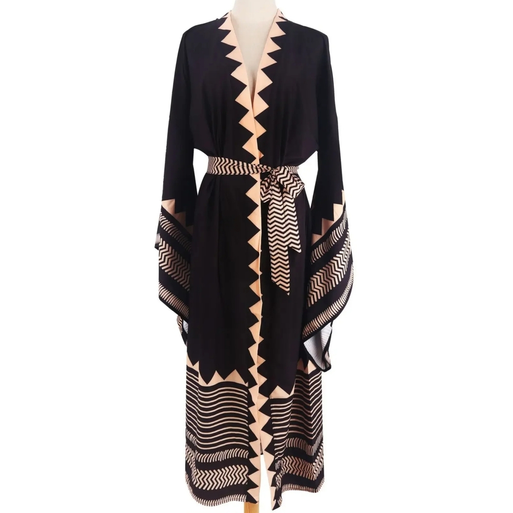 Aztec Tribal Black Bohemian Vintage Styled Kimono, Resortwear Robe Duster - Picture 5 of 8